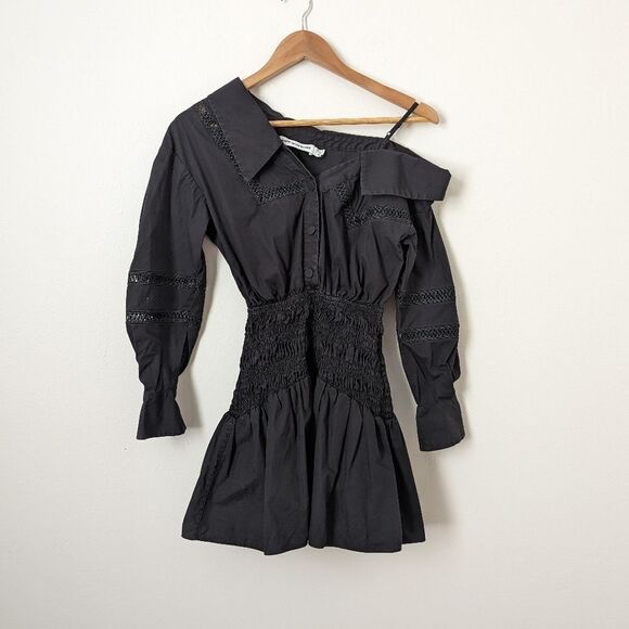 Self-Portrait black cotton poplin off one shoulder slouch long sleeve mini dress - Picture 2 of 7